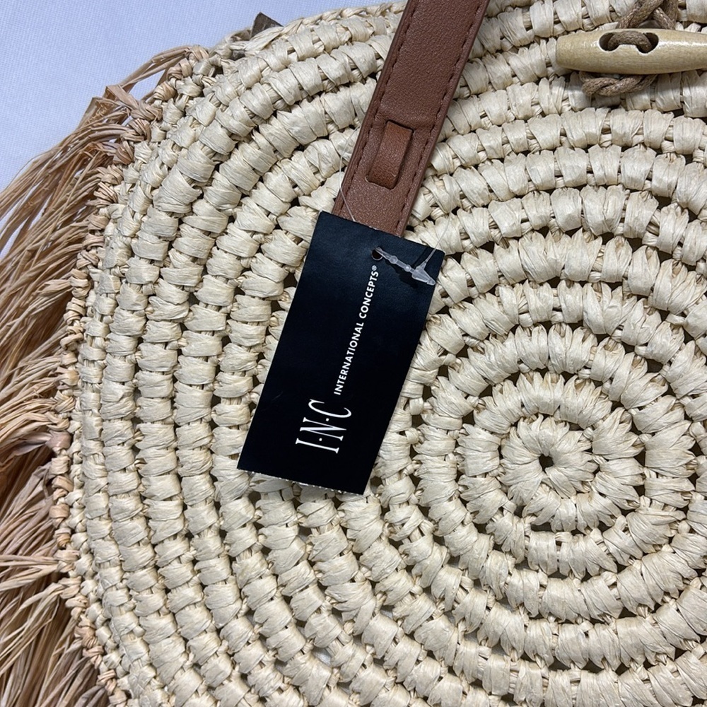 INC Melania Straw Fringe Circle Tote bag boho purse - Picture 2 of 13